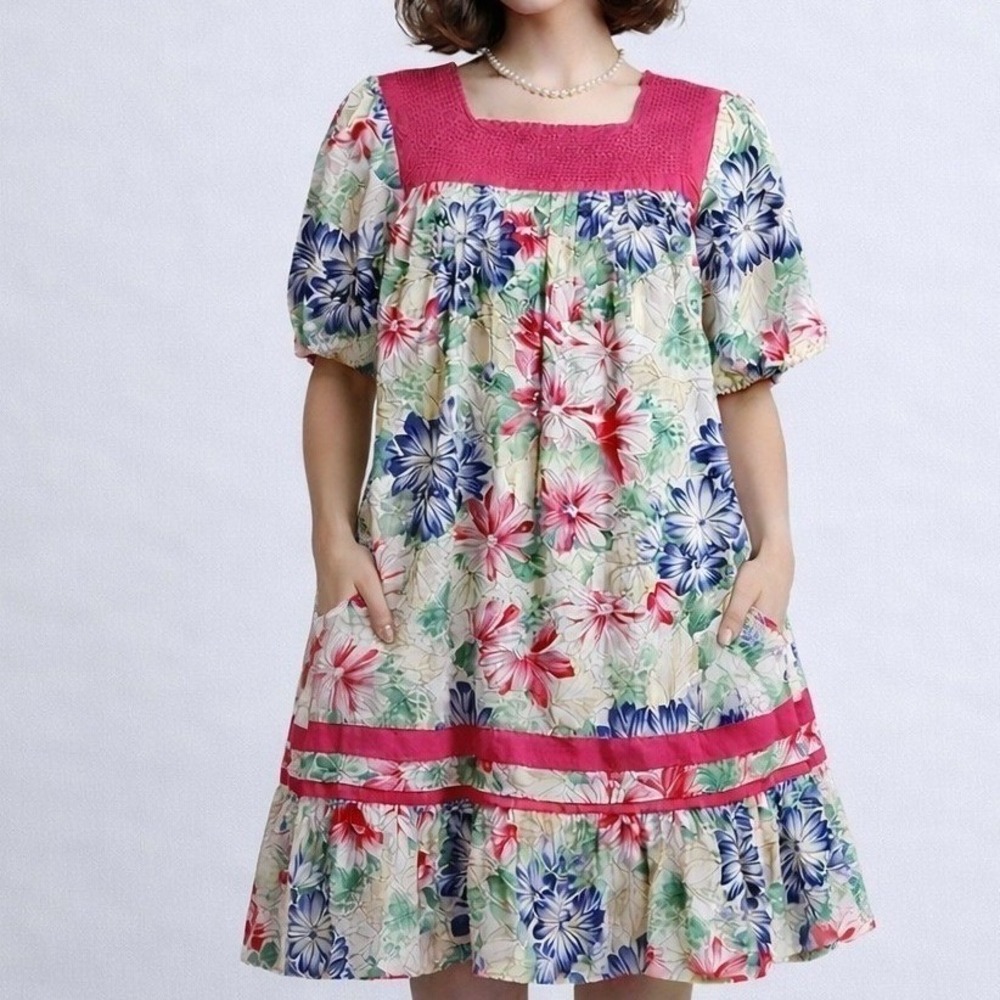 Krist Gudnason Vintage Prairie Floral‎ Dress Smocked Puff Sleeve Cottagecore